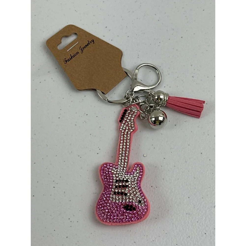 Sparkly Pink Guitar Keychain With Tassel & Bells Lead Safe